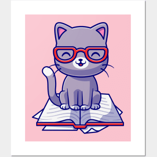 Cute Cat Sitting On Book Cartoon Posters and Art